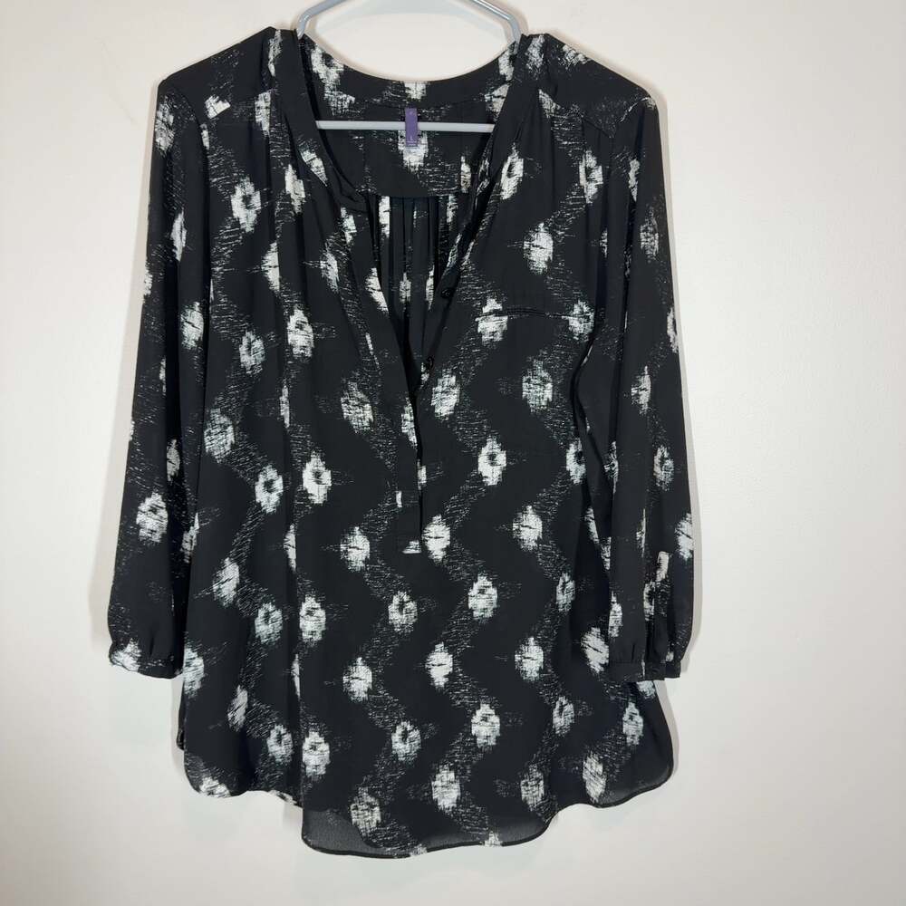 NYDJ Black White Ikat Print Long Sleeve Blouse Button Front Shirt Size Large